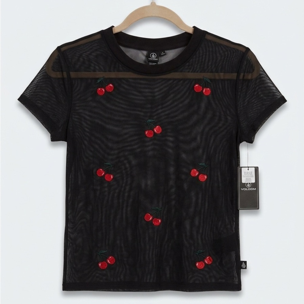 NWT VOLCOM Black Sheer T-Shirt with Cherry Embroidery Small